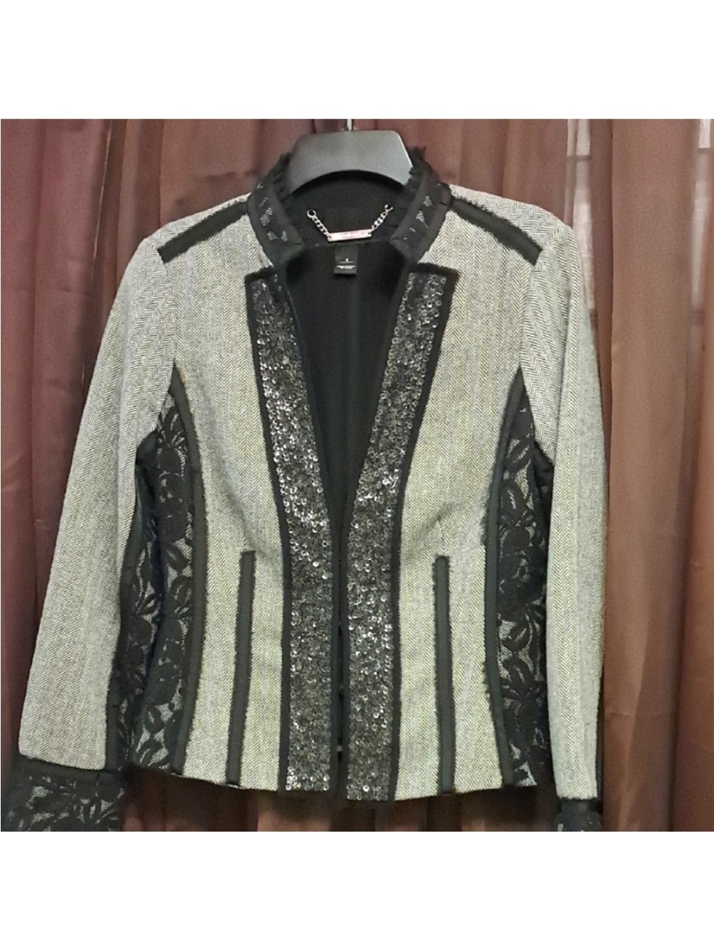 White House Black Market Gray and Black Lace-Trim Tweed Blazer